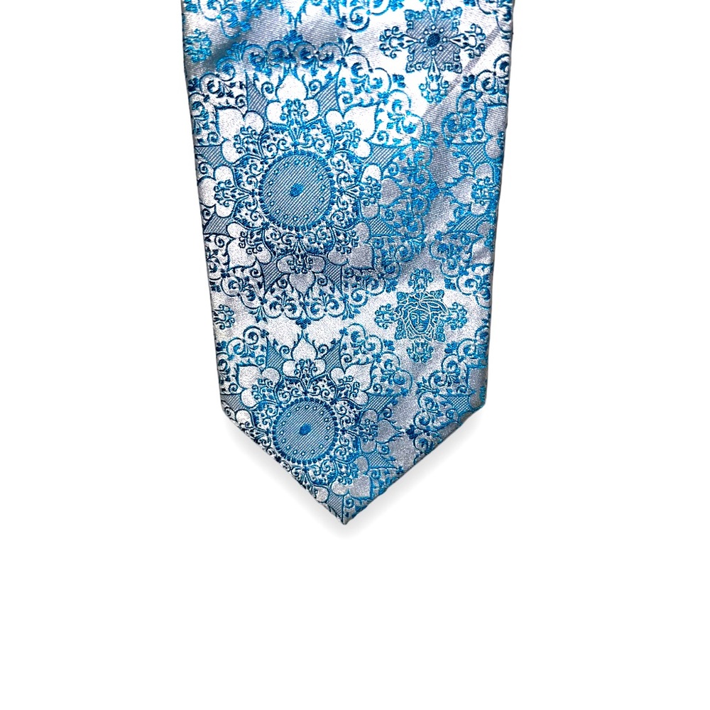 Versace Vintage Men's Silk Tie Blue Silver Paisley Floral 90s 2000s